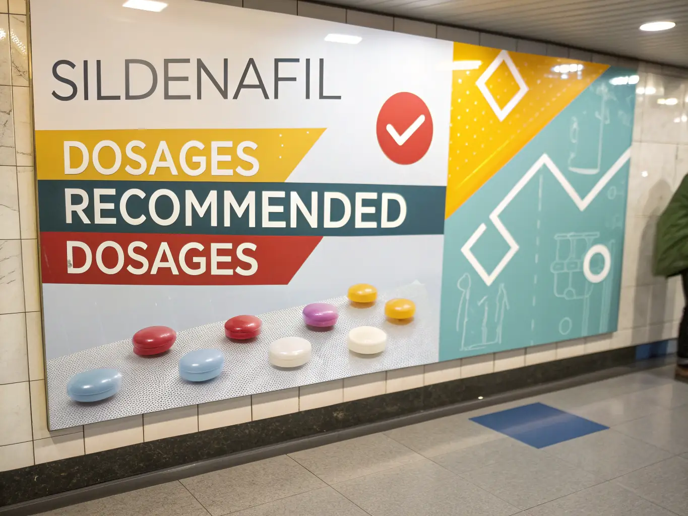 An infographic illustrating the recommended dosages of sildenafil for different conditions, highlighting safety warnings and potential interactions.