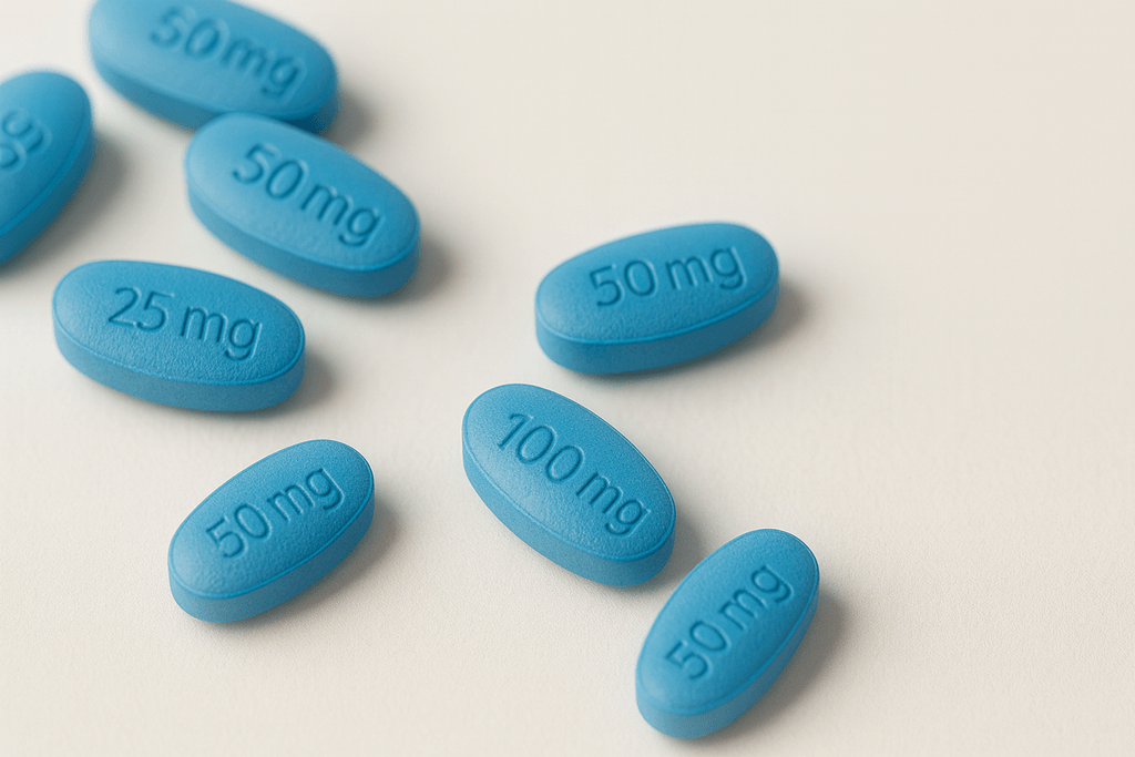 sildenafil dosage chart – 25 mg, 50 mg, 100 mg pills on table