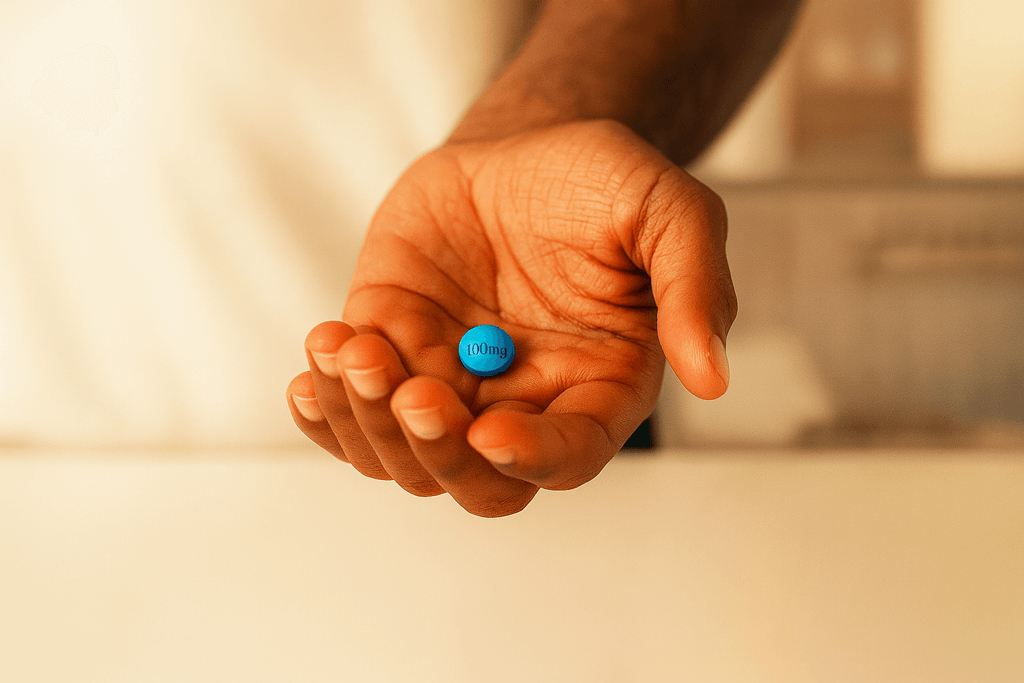 sildenafil dosage guide with man holding sildenafil 100 mg pill